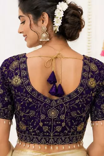 Navy georgette embroidered work with fancy lace work readymade blouse