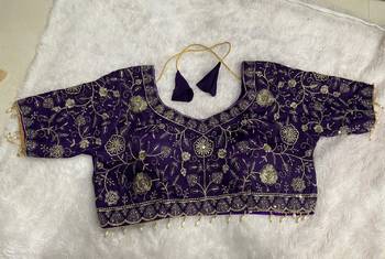Navy georgette embroidered work with fancy lace work readymade blouse 3