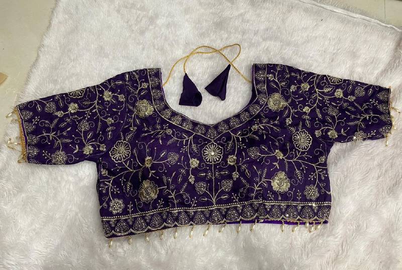 Navy georgette embroidered work with fancy lace work readymade blouse