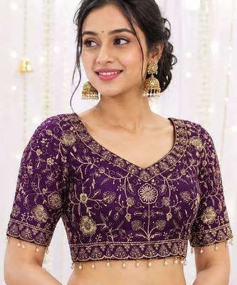 Purple georgette embroidered work with fancy lace work readymade blouse 1