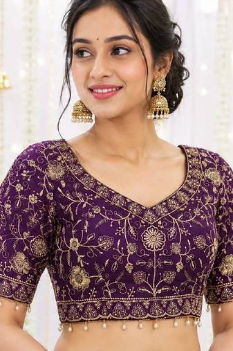 Purple georgette embroidered work with fancy lace work readymade blouse