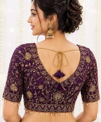 Purple georgette embroidered work with fancy lace work readymade blouse 2