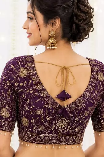 Purple georgette embroidered work with fancy lace work readymade blouse