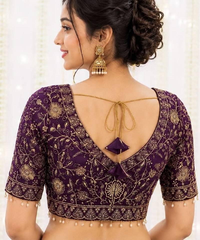 Purple georgette embroidered work with fancy lace work readymade blouse