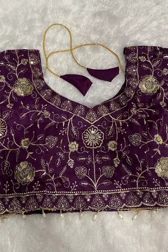 Purple georgette embroidered work with fancy lace work readymade blouse