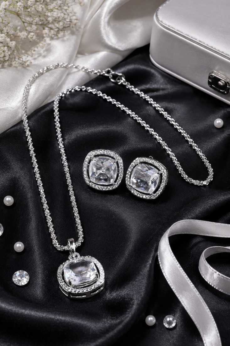 Rhodium finish crown radiance necklace set