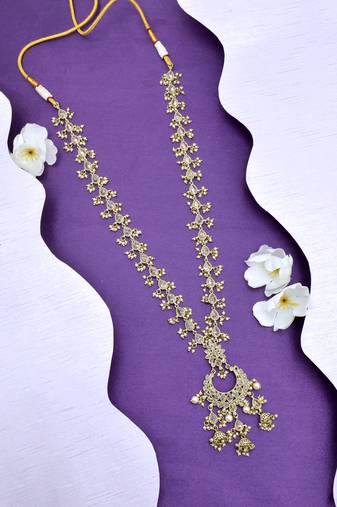 elegant oval half moon shape brass kundan antique gold plated long haram necklace for women
