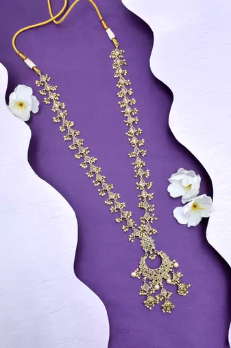 elegant oval half moon shape brass kundan antique gold plated long haram necklace for women
