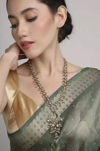 elegant oval half moon shape brass kundan antique gold plated long haram necklace for women