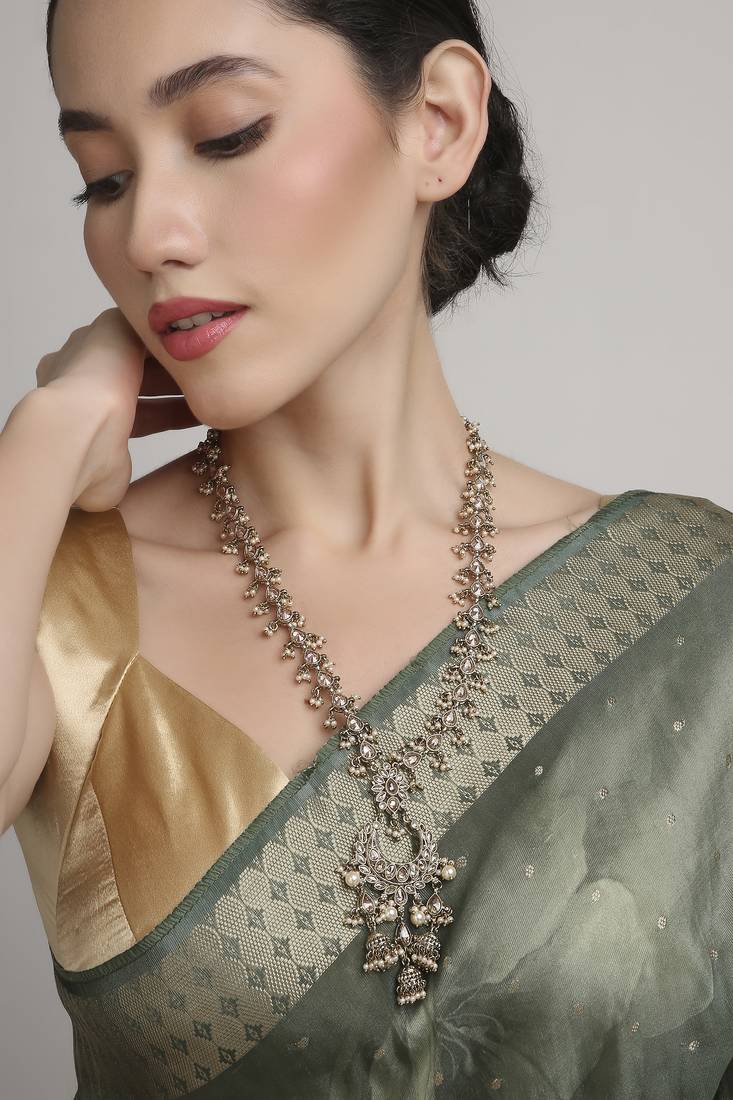elegant oval half moon shape brass kundan antique gold plated long haram necklace for women