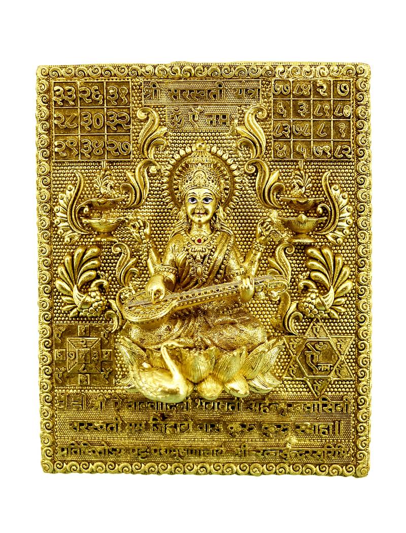 traditional devi sarswati design brass antique gold plated idol(murti)