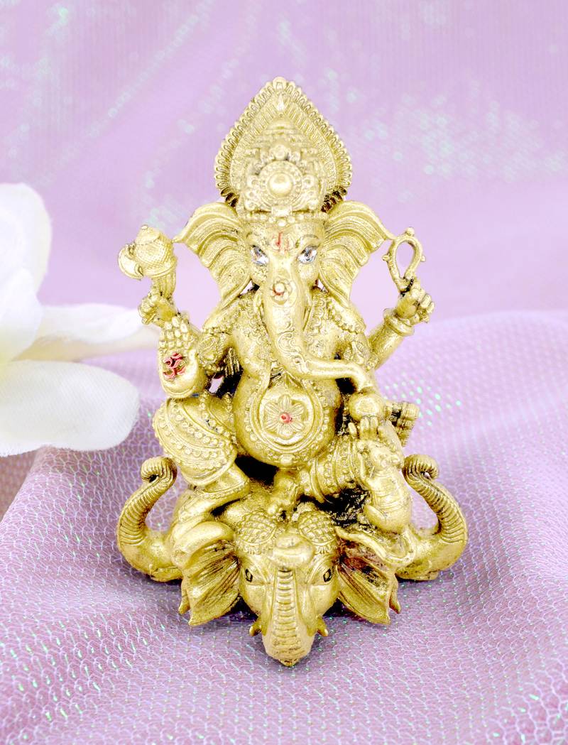 traditional god ganesha sitting on elephant brass gold plated idol(murti)