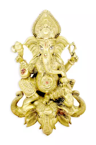 traditional god ganesha sitting on elephant brass gold plated idol(murti)