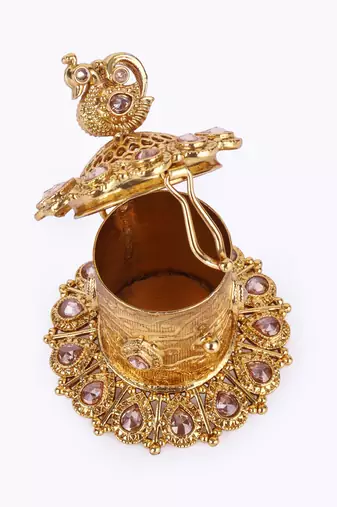 traditional oval and peacock design gold plated sindoor dani/dibbi for women