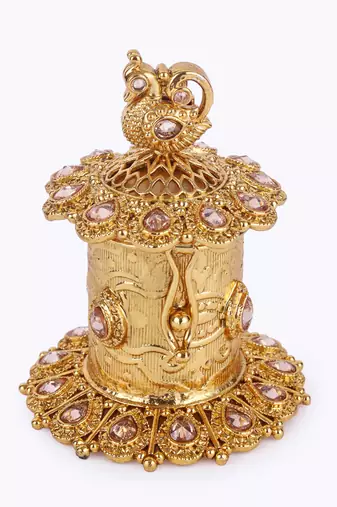 traditional oval and peacock design gold plated sindoor dani/dibbi for women