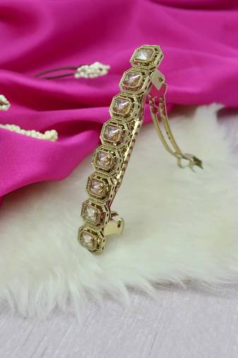 trendy round shape brown kundan antique gold plated hair clip for women and girls