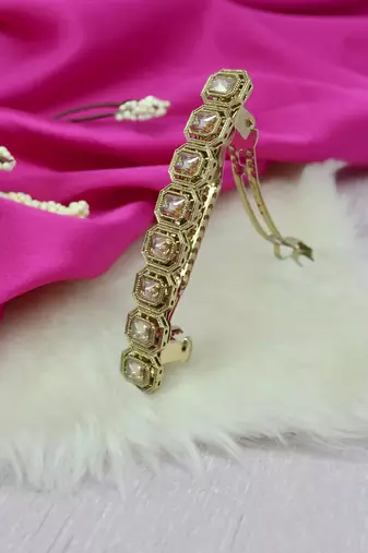 trendy round shape brown kundan antique gold plated hair clip for women and girls