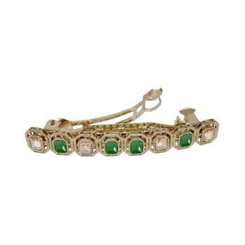 pretty round shape green kundan antique gold plated hair clip for women and girls 1
