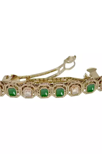 pretty round shape green kundan antique gold plated hair clip for women and girls