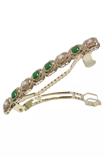 pretty round shape green kundan antique gold plated hair clip for women and girls