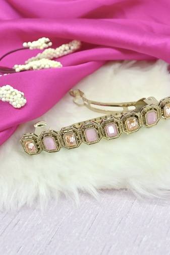 smooth round shape pink kundan antique gold plated hair clip for women and girls