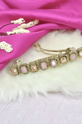 smooth round shape pink kundan antique gold plated hair clip for women and girls
