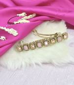 smooth round shape pink kundan antique gold plated hair clip for women and girls