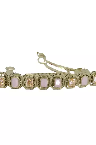 smooth round shape pink kundan antique gold plated hair clip for women and girls