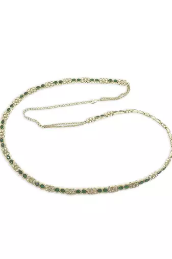traditional oval shape pearl green kundan stone antique gold plated kamarband for women