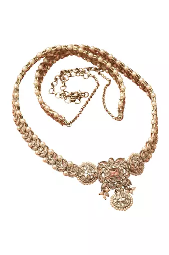 traditional paisley and leaf design pearl brown kundan stone antique gold plated kamarband for women
