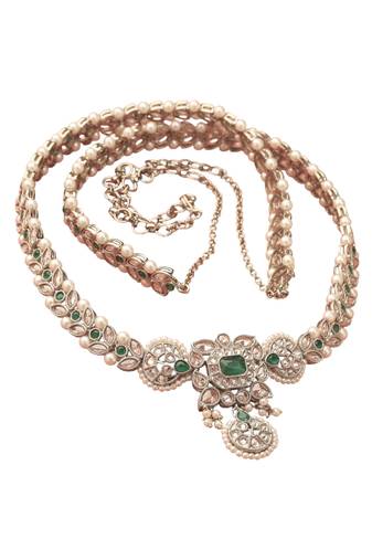 traditional paisley and leaf design pearl green kundan stone antique gold plated kamarband for women