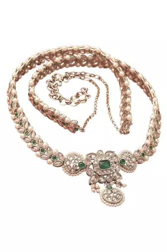 traditional paisley and leaf design pearl green kundan stone antique gold plated kamarband for women