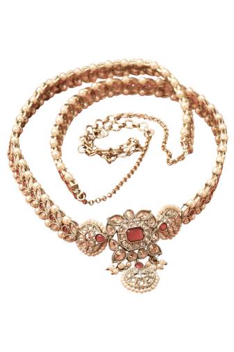 traditional paisley and leaf design pearl ruby kundan stone antique gold plated kamarband for women