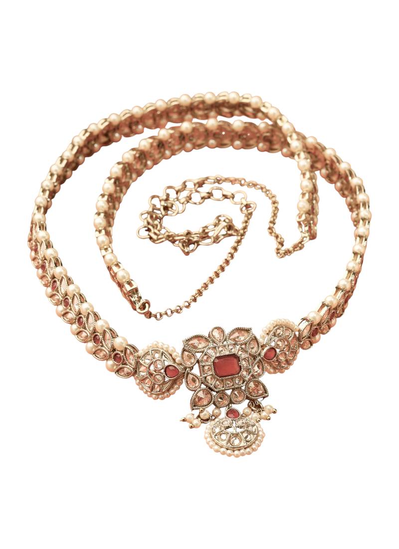 traditional paisley and leaf design pearl ruby kundan stone antique gold plated kamarband for women