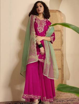 Women floral embroidered regular sequinned silk crepe kurta with sharara & with dupatta 1