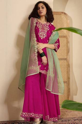 Women floral embroidered regular sequinned silk crepe kurta with sharara & with dupatta