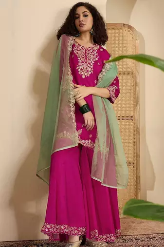 Women floral embroidered regular sequinned silk crepe kurta with sharara & with dupatta