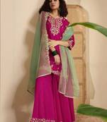 Women floral embroidered regular sequinned silk crepe kurta with sharara & with dupatta