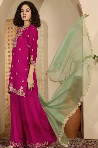 Women floral embroidered regular sequinned silk crepe kurta with sharara & with dupatta