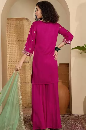 Women floral embroidered regular sequinned silk crepe kurta with sharara & with dupatta