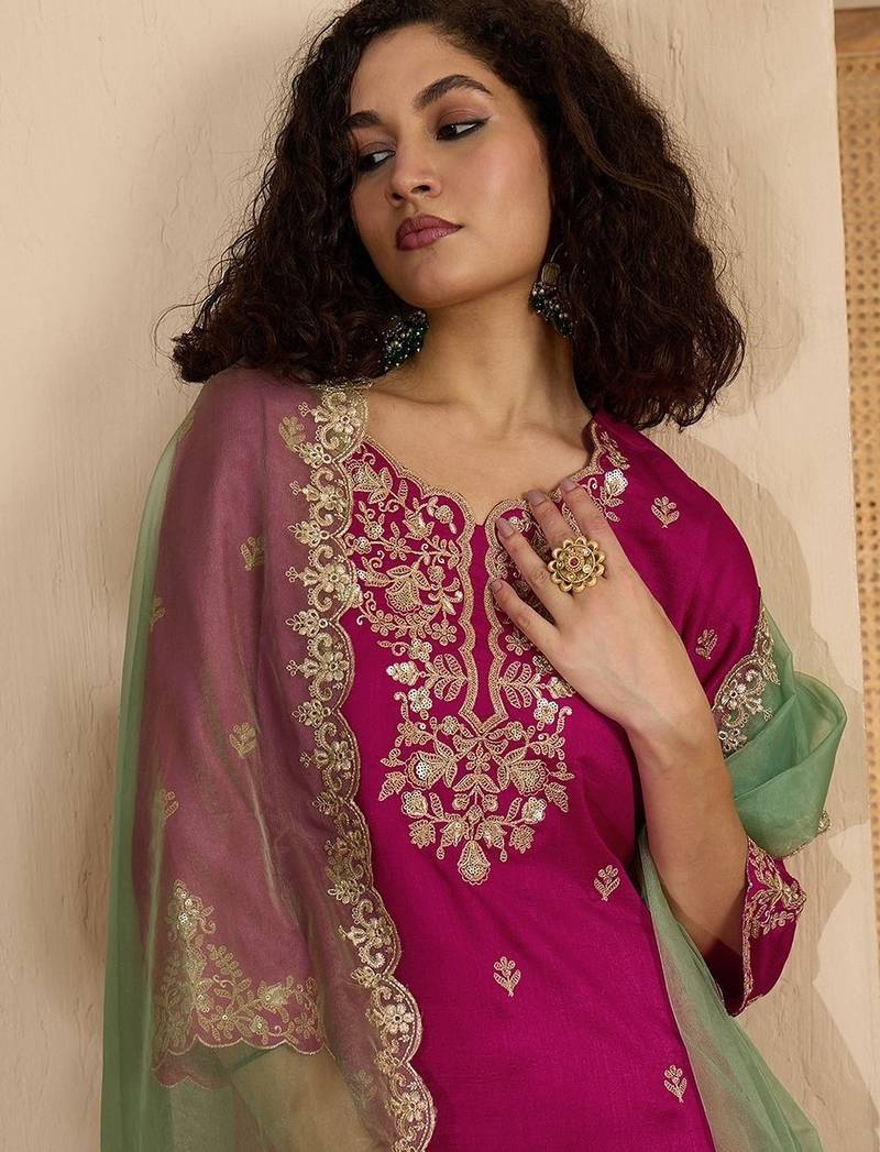 Women floral embroidered regular sequinned silk crepe kurta with sharara & with dupatta