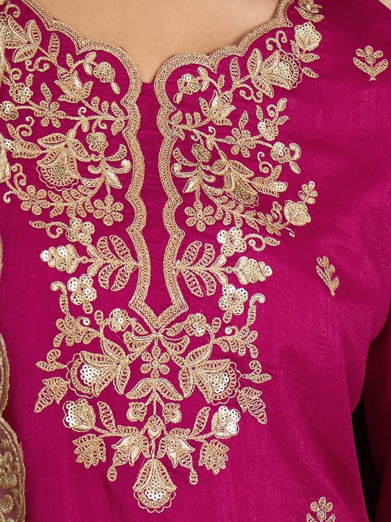 Women floral embroidered regular sequinned silk crepe kurta with sharara & with dupatta