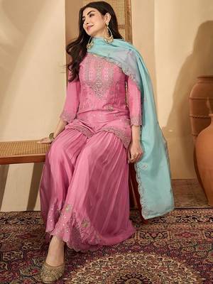 Women floral embroidered regular sequinned silk blend  crepe kurta with sharara & with dupatta 1