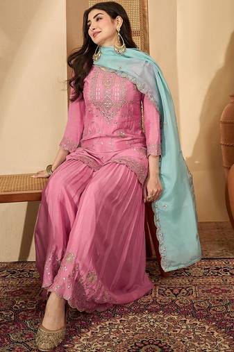 Women floral embroidered regular sequinned silk blend  crepe kurta with sharara & with dupatta