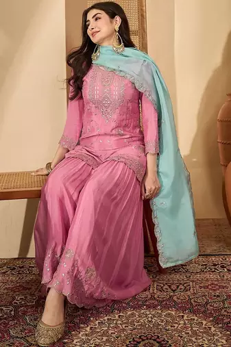 Women floral embroidered regular sequinned silk blend  crepe kurta with sharara & with dupatta