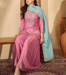 Women floral embroidered regular sequinned silk blend  crepe kurta with sharara & with dupatta