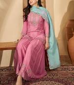 Women floral embroidered regular sequinned silk blend  crepe kurta with sharara & with dupatta