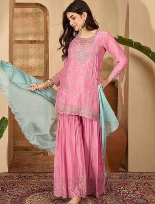 Women floral embroidered regular sequinned silk blend  crepe kurta with sharara & with dupatta 2