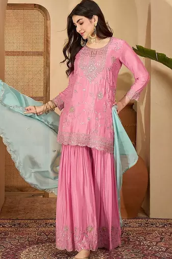 Women floral embroidered regular sequinned silk blend  crepe kurta with sharara & with dupatta