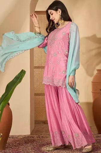 Women floral embroidered regular sequinned silk blend  crepe kurta with sharara & with dupatta